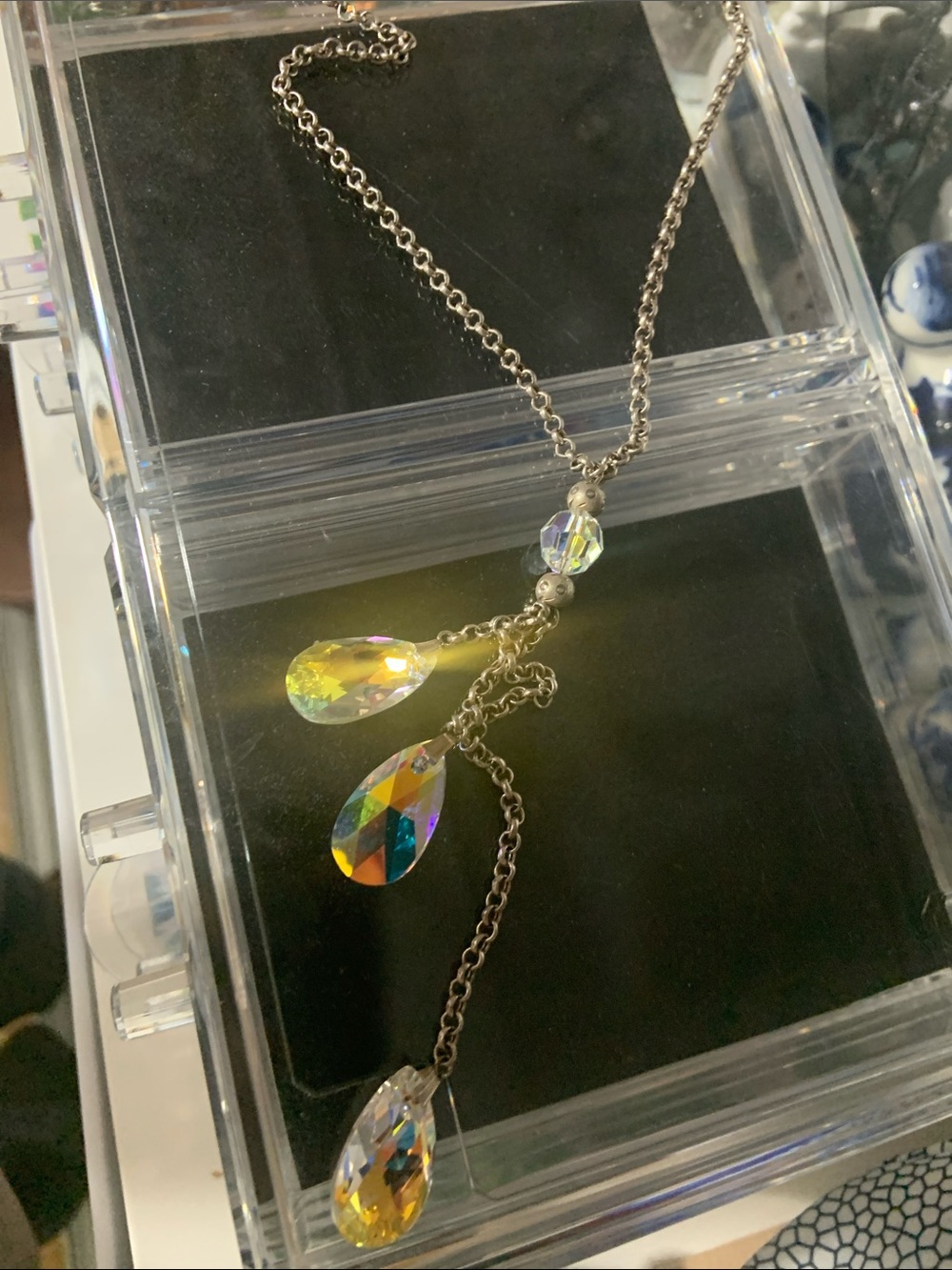 Aurora Crystal Teardrop Pendant Necklace - Yellow Iridescent